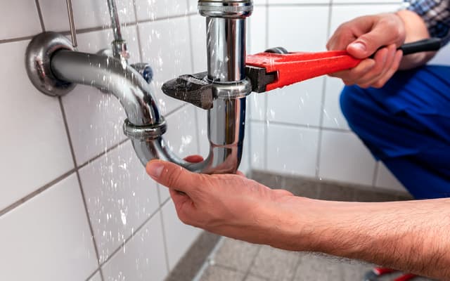 Fontanero reparando una fuga de agua en una tubería